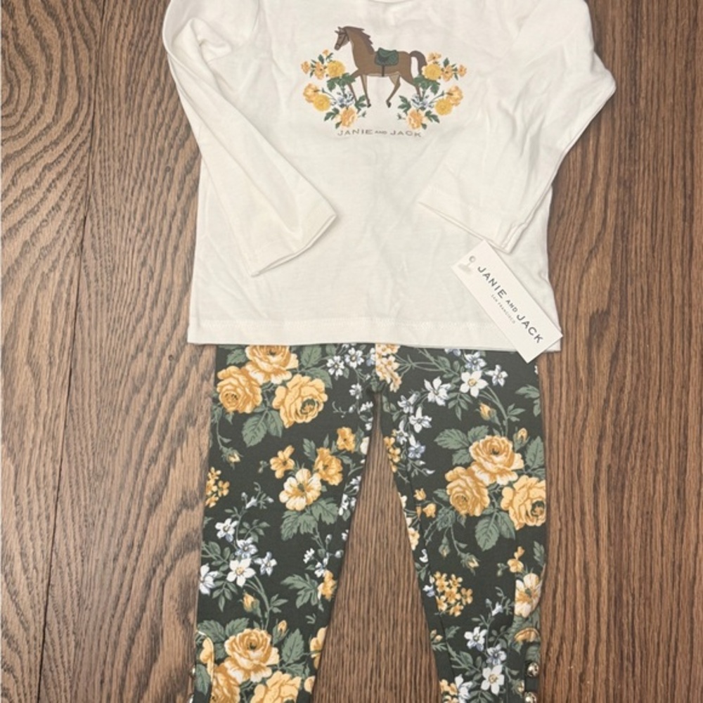Janie & Jack Ivory Dark Green Horse Floral Infant 18-24 Mo Set. Shirt & Pants BC